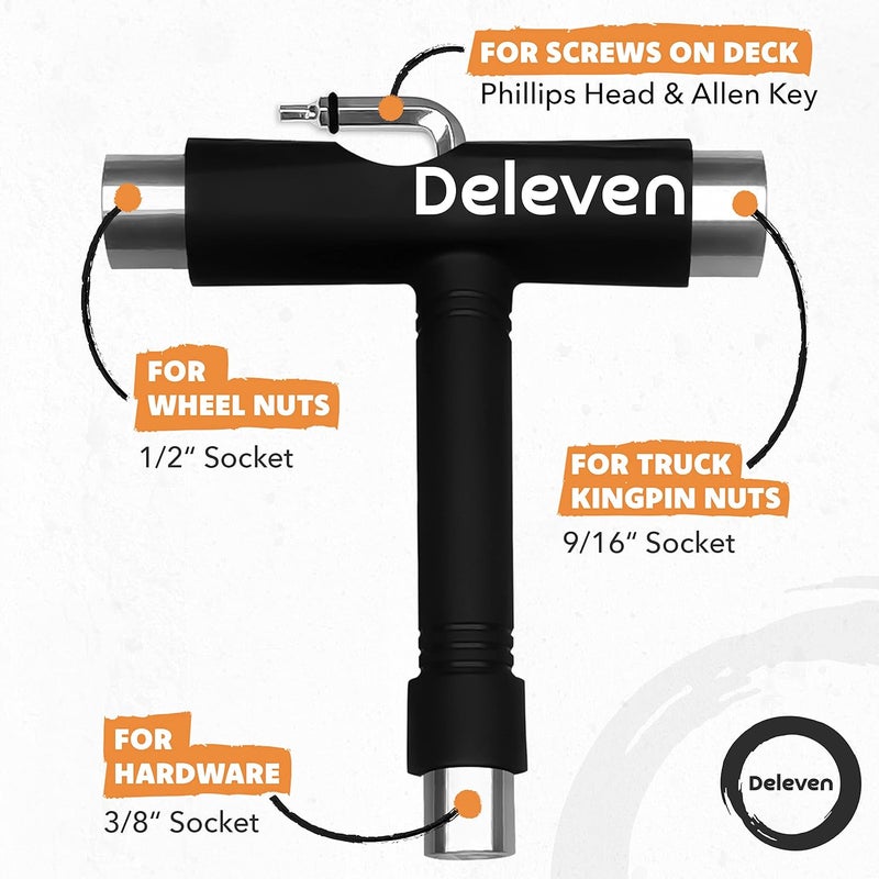 D Deleven Deleven Skate Tool All-in-One Lightweight Portable Skateboard Tool - T Tool with Allen Wrench, Phillips Head Screwdriver - Adjust Roller Skates, Longboards, Skateboards, Quads, Wheels, Trucks, Kingpin - Image 2